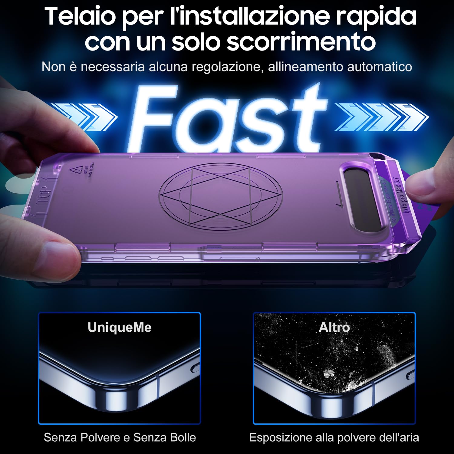 UniqueMe 2024 Nuova Versione 2 Pack Privacy Pellicola Protettiva per iPhone 15 Pro Max, Anti Spia Pellicola Vetro Temperato, Rimozione Automatica Della Polvere, 9D Copertura, Allineamento Automatico