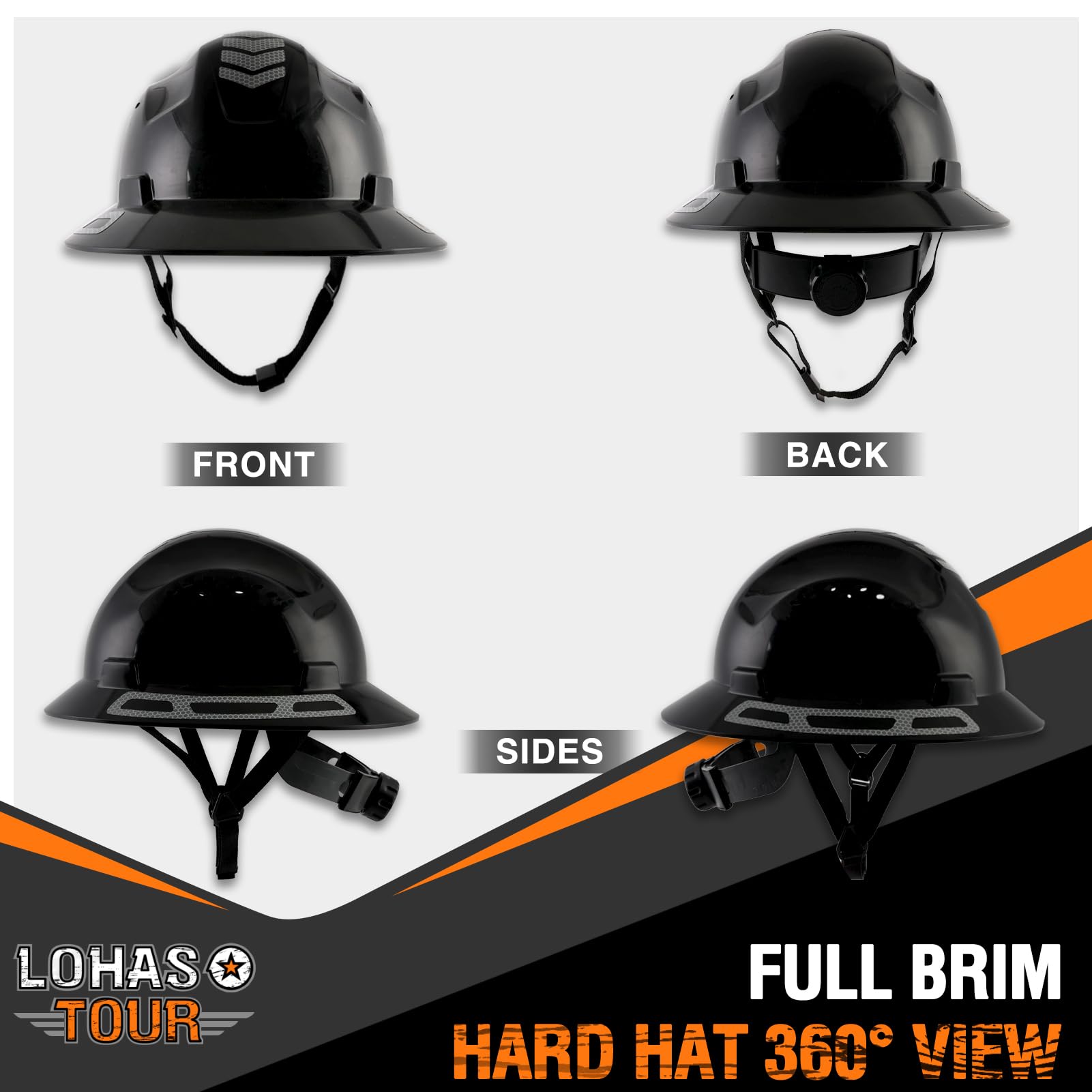 Casco de seguridad de ala completa, ventilado, aprobado por ANSI Z89.1, cascos duros de construcción para hombres y mujeres adultos (ala completa, negro)