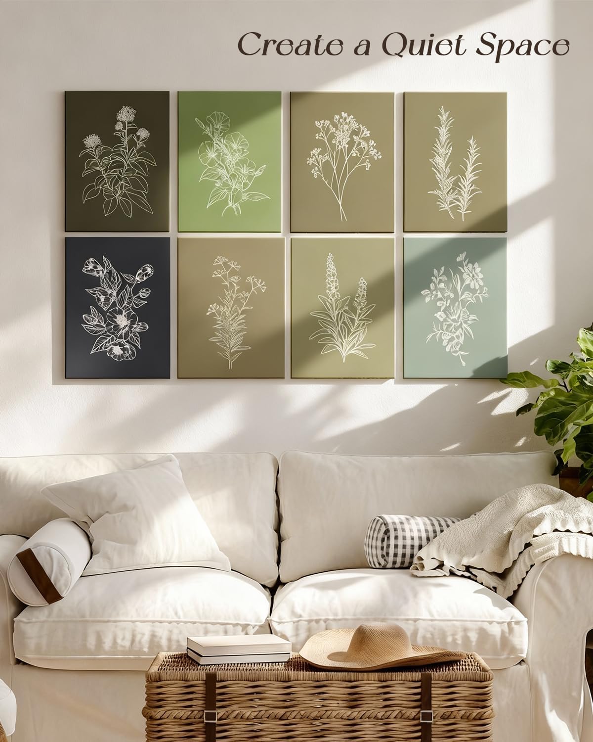 ARPEOTCY Acoustic Art Wall Panels for Bedroom, Recording Office, Hallway, TV, 48x32in, Minimalist Plant Line Art, Sage Green Nature Wall Decor, Soundproof Sound Absorbing, 8pcs