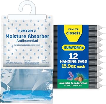HUMYDRY Hanging Moisture Absorber Bags, Lavender, Cedar 15.9oz Bags 12-Pack | Up to 200 sq ft, Humidity Control, Fights Summer Humidity, Passive Absorption, Non Electric for Closets and Storage Areas