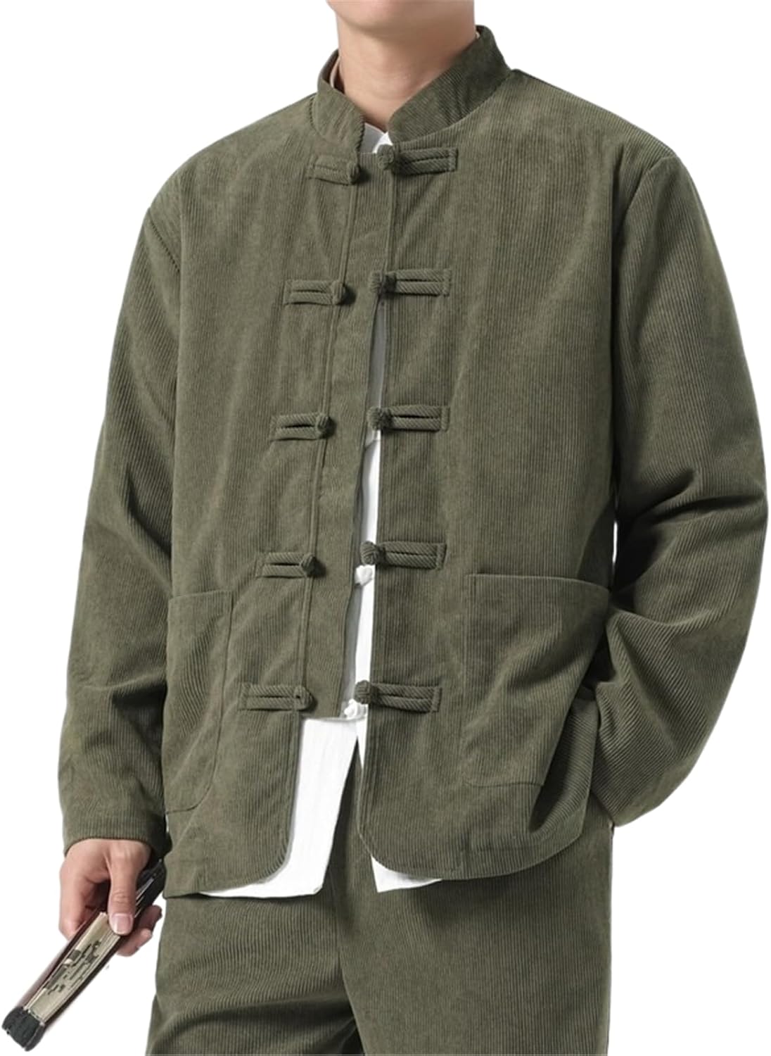 Men's Chinese-Style Corduroy Long-Sleeve Shirt, Stand-Up Collar, Tang-Style Or Zhongshan-Style, Spring Fall Jacket