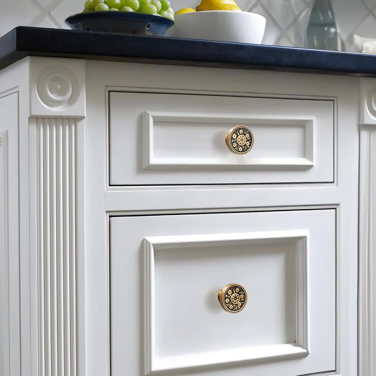 Solid Brass Cabinet Knobs 10 Pack – Black and Gold Floral Drawer Pulls with Vintage Carving – Brushed Brass Handles for Kitchen, Bathroom, Dresser