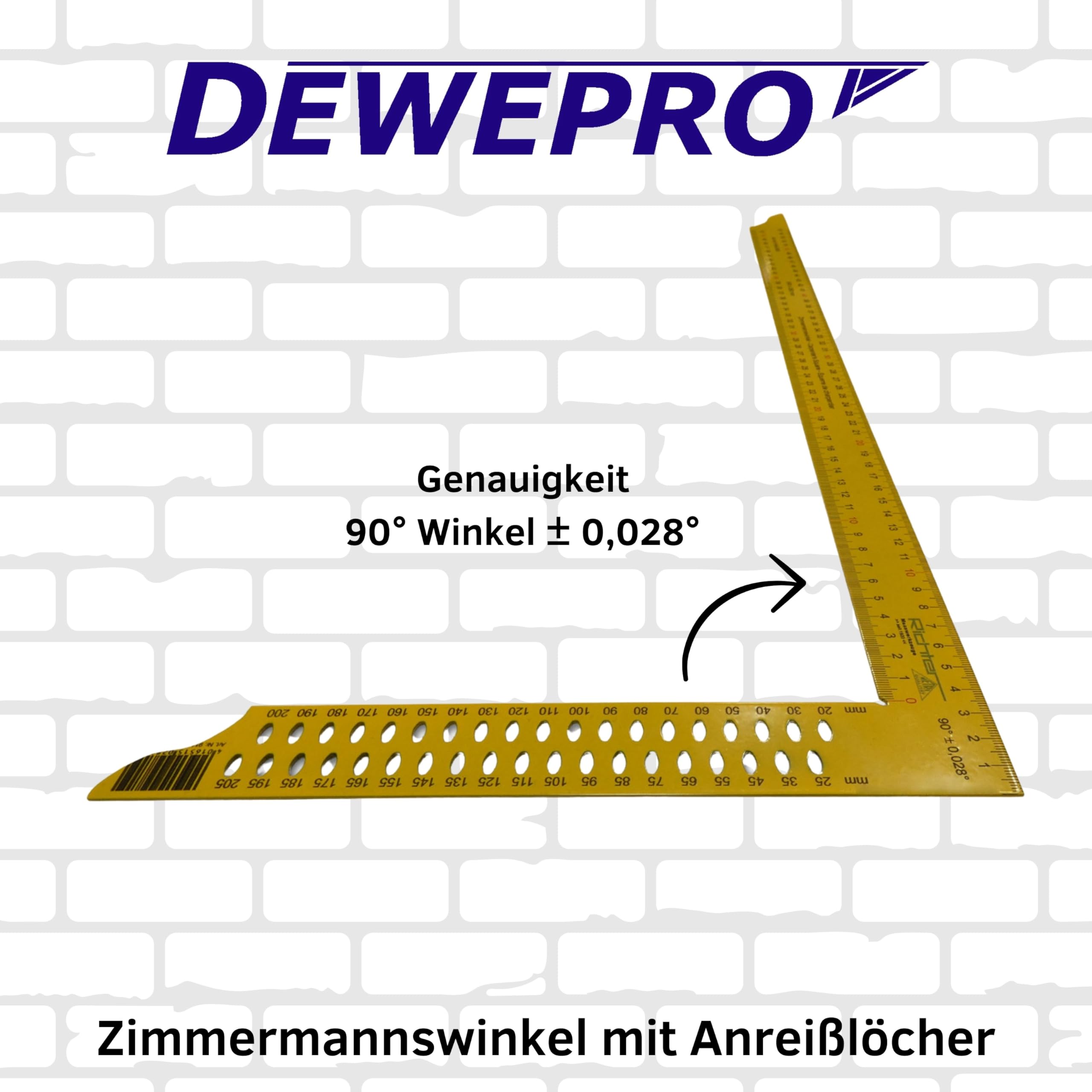 DEWEPRO Zimmermannswinkel 600mm mit vierseitiger Teilung und Anreißlöchern - gelb pulverbeschichtet - flacher Metallwinkel