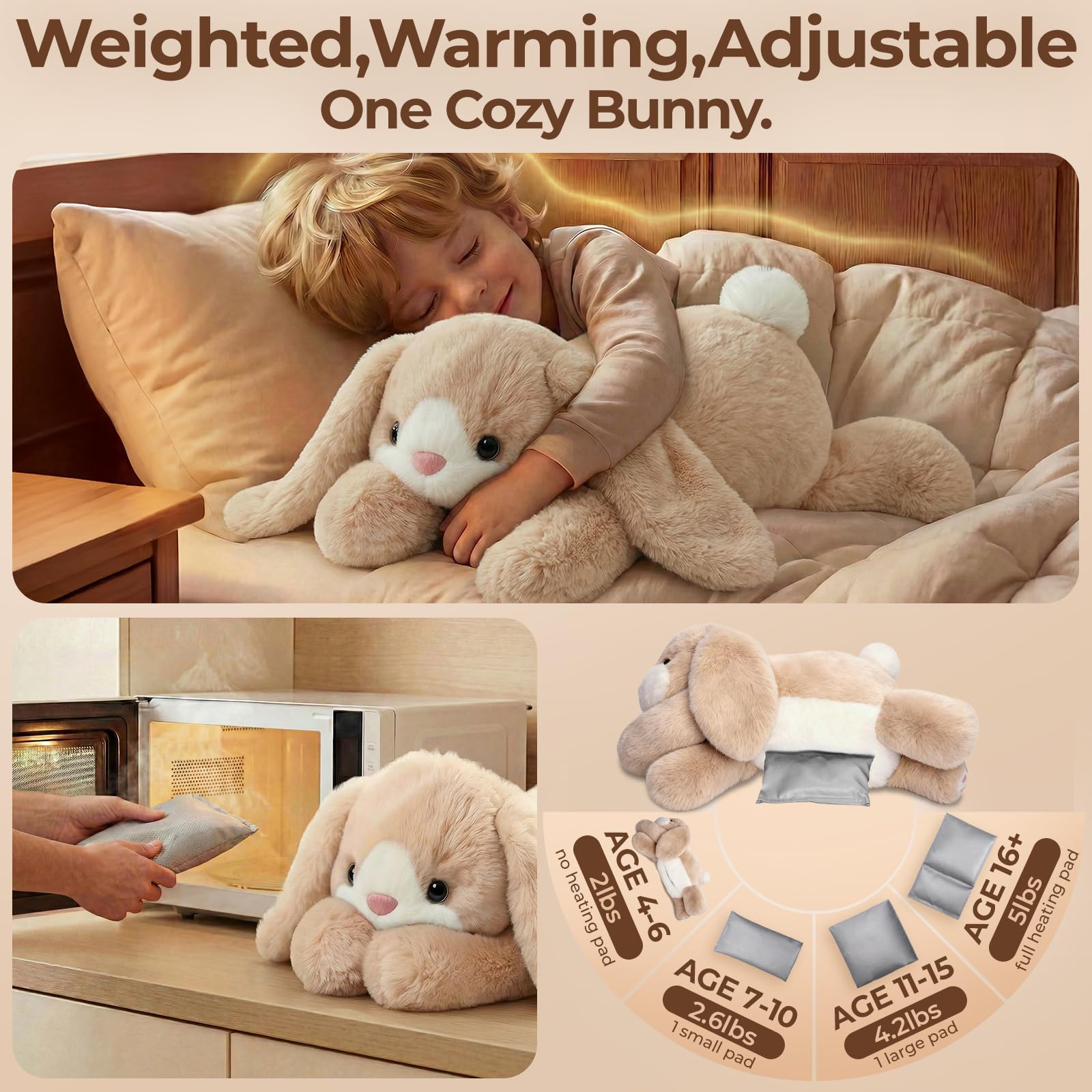 Mewaii Peluche Conejo Blanco Tumbado, 2,4 kg, Cojín Térmico | Animal de Peluche 58 cm, almohadilla extraíble, microondas/enfriable, abrazo envolvente, regalo para niñas y adolescentes