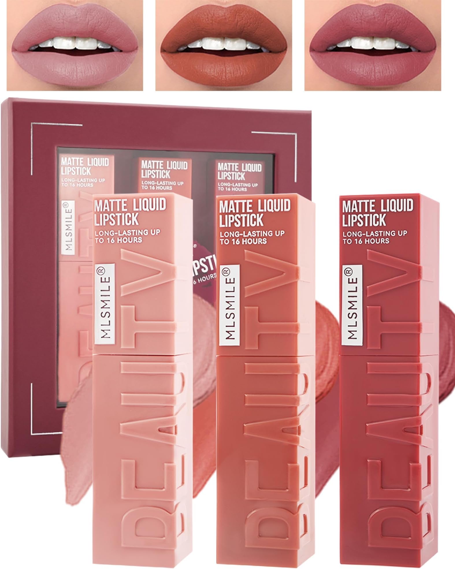 3 Pcs Matte Liquid Lipstick, Long Lasting Waterproof Not Fade Non Stick Cup Lip Balm, Nude High Pigmented Long Lasting Waterproof Velvet Moisturize Lip Gloss Set for Girls and Women