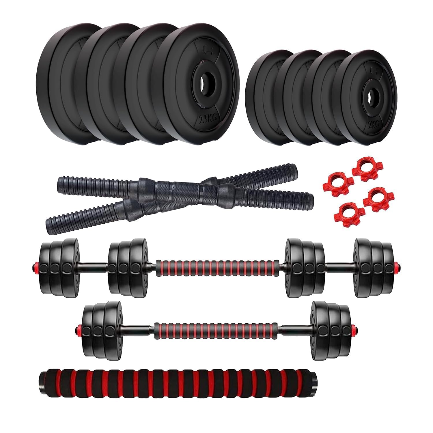 Amazon Brand - Symactive PVC 18 Kg 3-in-1 Convertible Dumbbells Set | for Fitness & Workout | 2 Kg x 4 + 2.5 Kg x 4 PVC Weight, 14'' Dumbbell Rods Pair & Nuts, 1 Cushioned Connector Rod | Multicolor-image-49