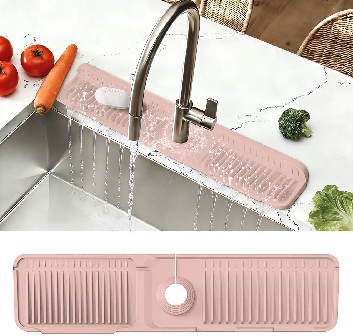 24 Inch Upgraded Draining Mat Folding faucet Mat for Bathroom Sink Splash Guard 7° Slope with Button Lock Water Draining Pad for Kitchen Bathroom Bar(Pink)