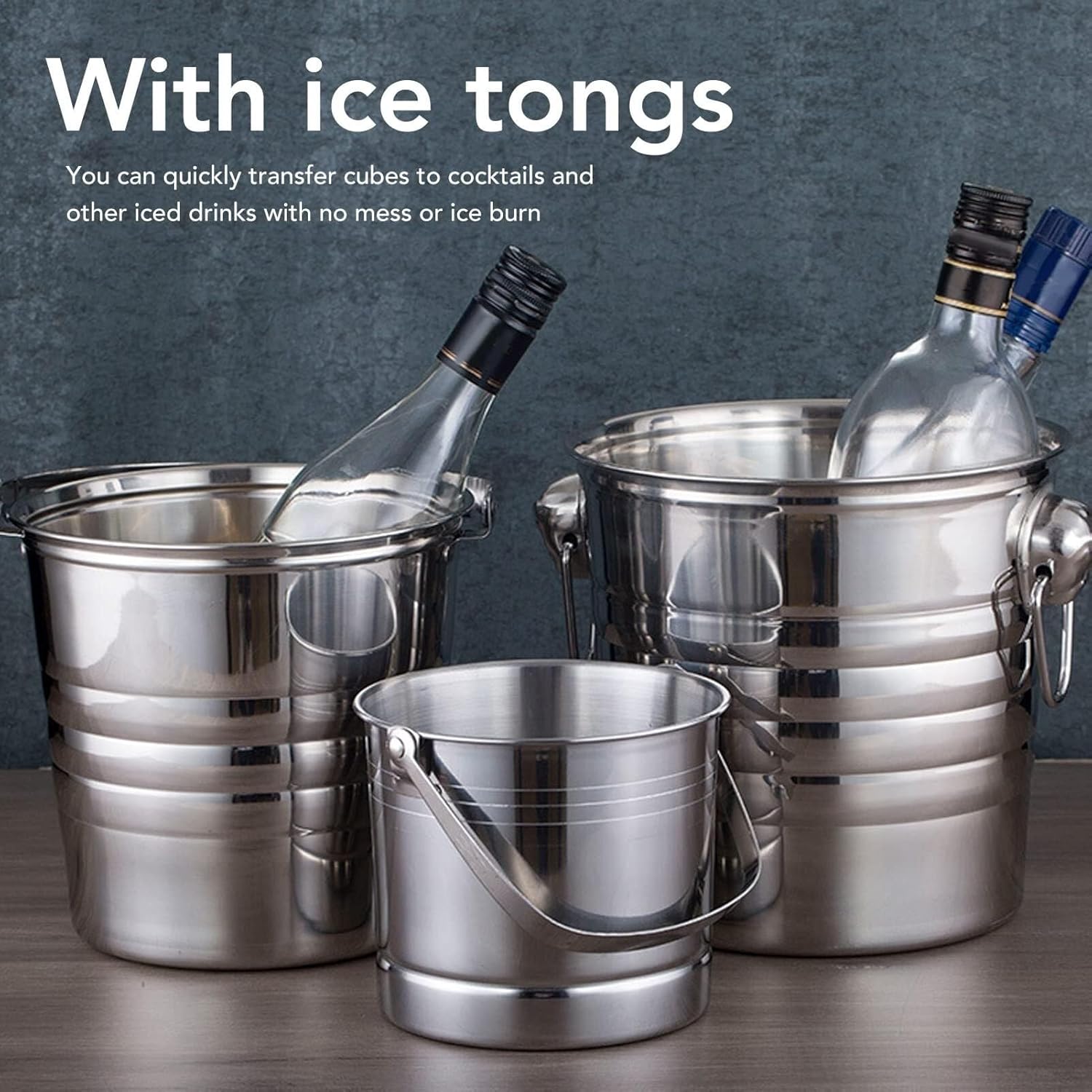 Galvanized Metal Bucket with Carry Handles Double Walled Insulated Stainless Steel Ice Bucket for Cocktail Bar,1L Ice Bucket with Ice Tong and Strainer,Wine,Parties,Home Bar Accessories