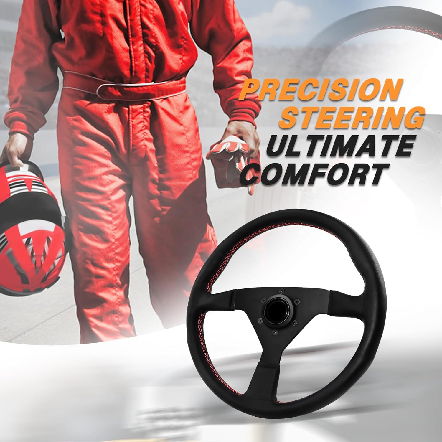 13.4" Universal Racing Steering Wheel 6 Bolts Leather Gaming Steering Wheel with Horn Button for Race/Rally/Motorsport/Car Sim Driving
