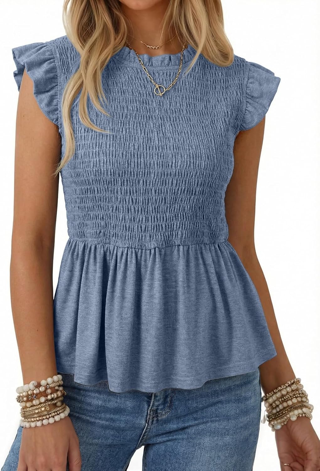 SHEWIN Womens Blouses Peplum Babydoll Summer Tops Ruffle Sleeve Dressy Casual Elegant Ladies Solid Shirts Spring Clothes