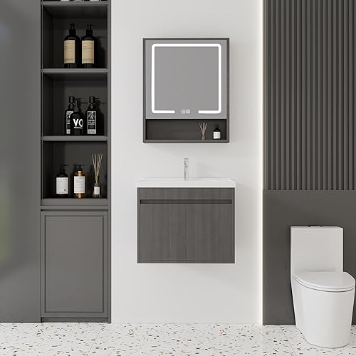 Miniatura 92 de Tocador de baño de 20 pulgadas con lavabo de cerámica, tocador de baño pequeño montado en la pared con puerta de cierre suave, gabinete flotante
