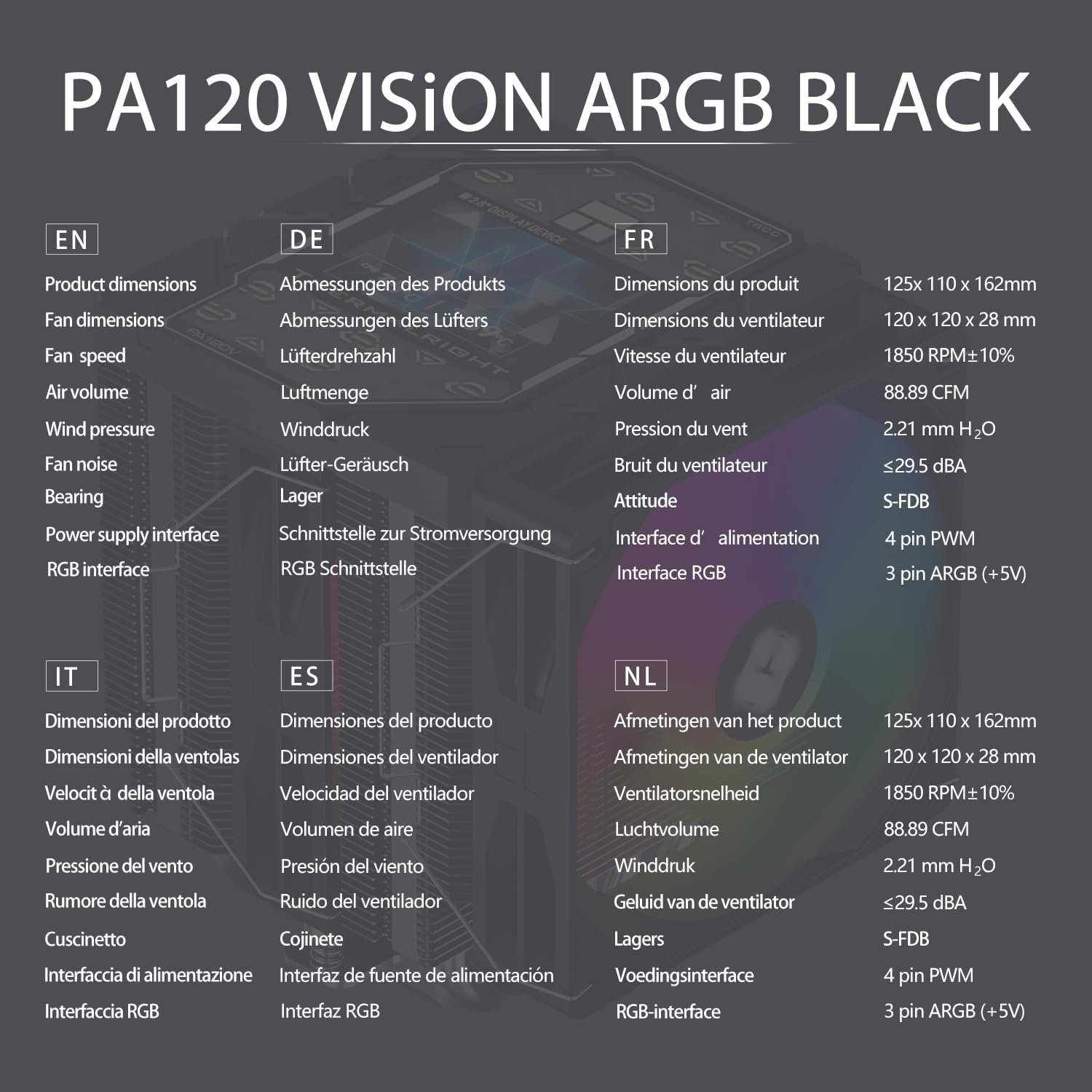 TR-Thermalright Peerless Assassin 120 Vision ARGB Black CPU, konstrukcja Dual-Tower z 6 rurami cieplnymi i 2,8-calowym wyświetlaczem IPS, kompatybilna z AM5/AM4, Intel LGA1851/1700/1150/1151/1200