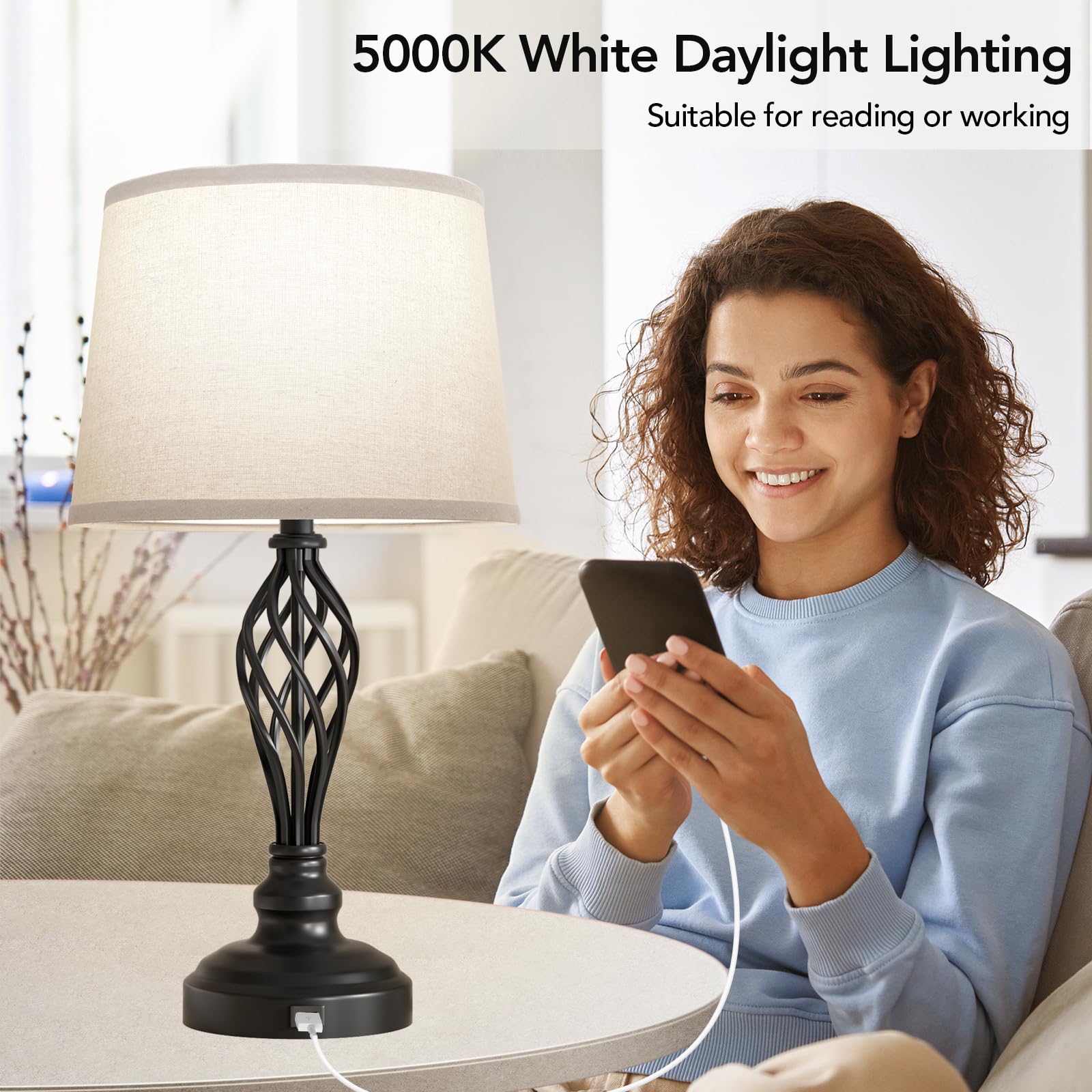 PARTPHONER Touch Table Lamps for Bedroom Set of 2, Bedside Nightstand Lamps with USB Port and Power Outlet, 3 Way Dimmable White Lamp for Living Room Nursery Room, Daylight White Bulbs Included: Beige