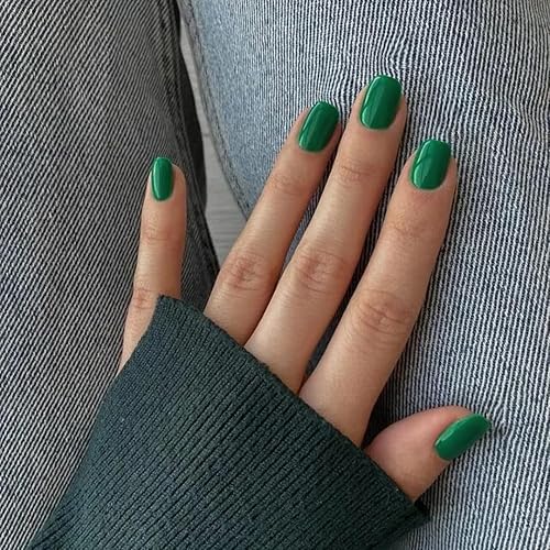 KQueenest Uñas francesas a presión color nude con forma cuadrada media y diseño de estilo dasiy azul, uñas postizas duraderas, acrílicas, cobertura