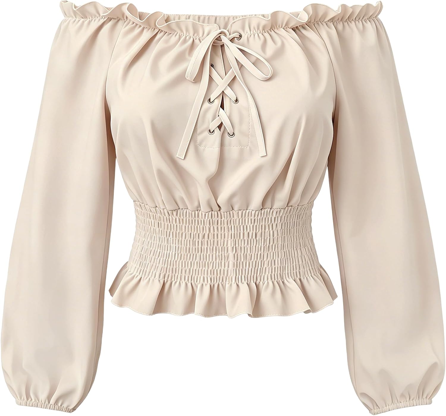 Women Renaissance Off Shoulder Top Lantern Sleeve Peasant Blouse Medieval Pirate Crop Shirt Lace Up