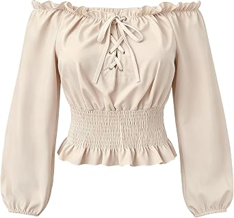 Women Renaissance Off Shoulder Top Lantern Sleeve Peasant Blouse Medieval Pirate Crop Shirt Lace Up Beige, XL