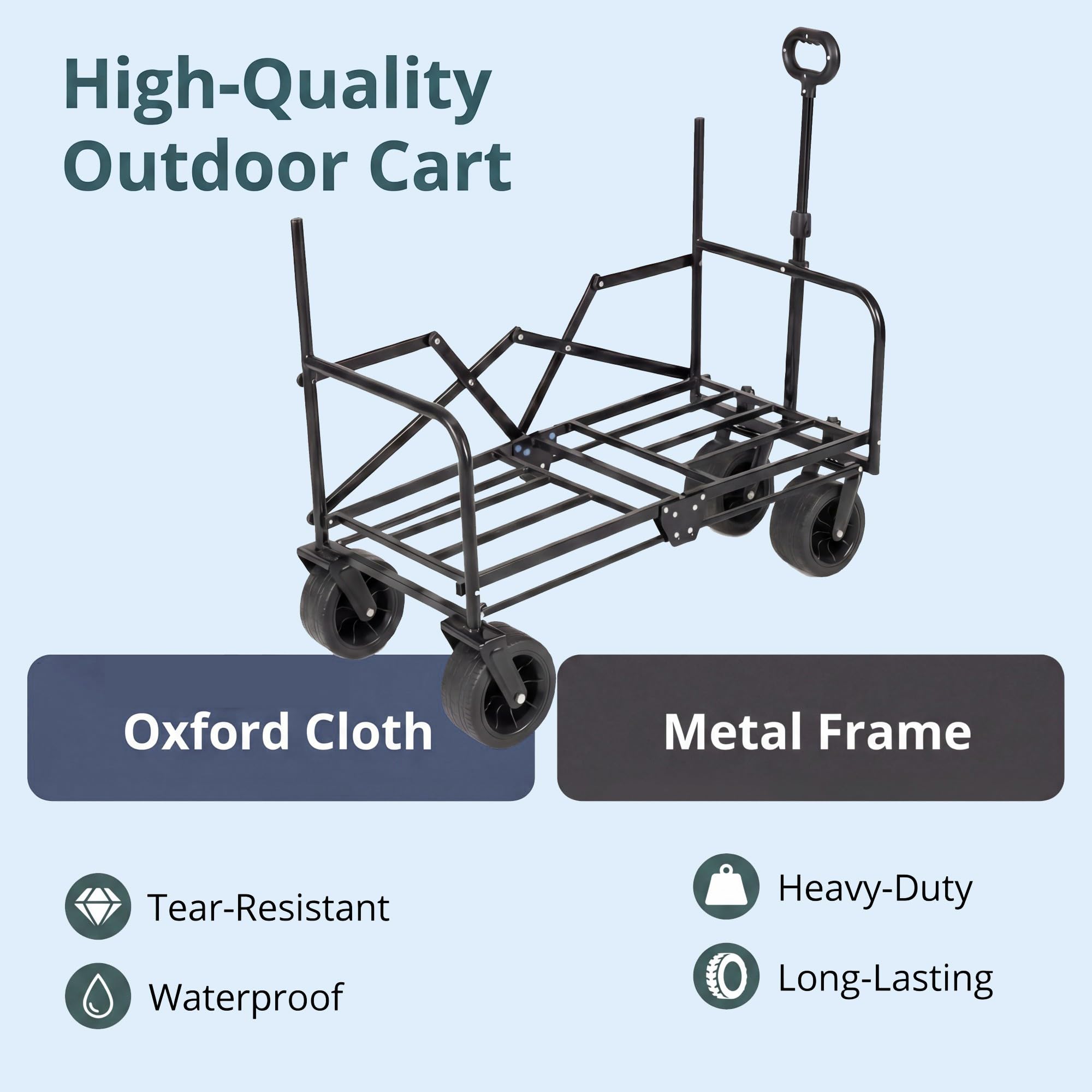 SOARS 2-en-1 Chariot de Plage Pliable avec Banc, Chariot de Transport avec Roues Tout-Terrain et Coussins, Acier Résistant, pour Camping, Jardin, Pêche, 80 KG, 85L