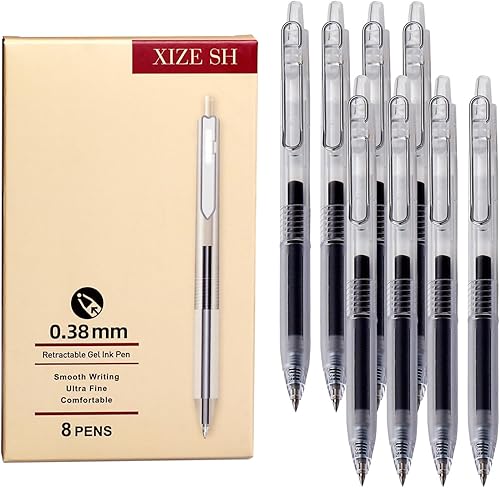 XIZE SH Bolígrafos retráctiles de punta ultrafina de 0.015 in, barriles transparentes, tinta de gel negro, paquete de 8, escritura suave para