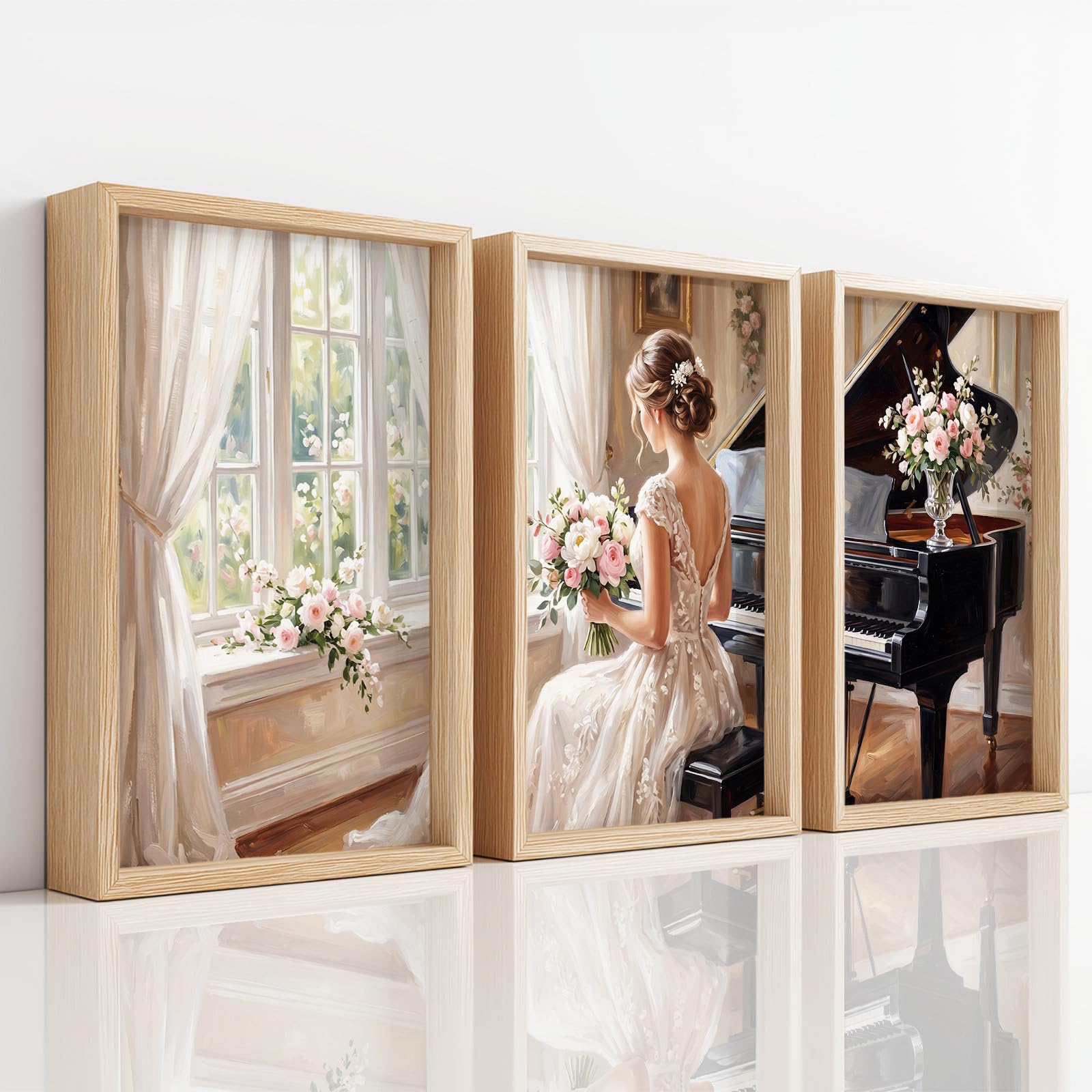 Generisch 3-teiliges Wandbild Leinwand Set 50 x 70 cm, Ohne Rahmen Triptychon Ästhetische Kunstdrucke Ölgemälde für Wohnzimmer & Schlafzimmer, Frau Hochzeitskleid Romantisch Klavier Blume Sanft