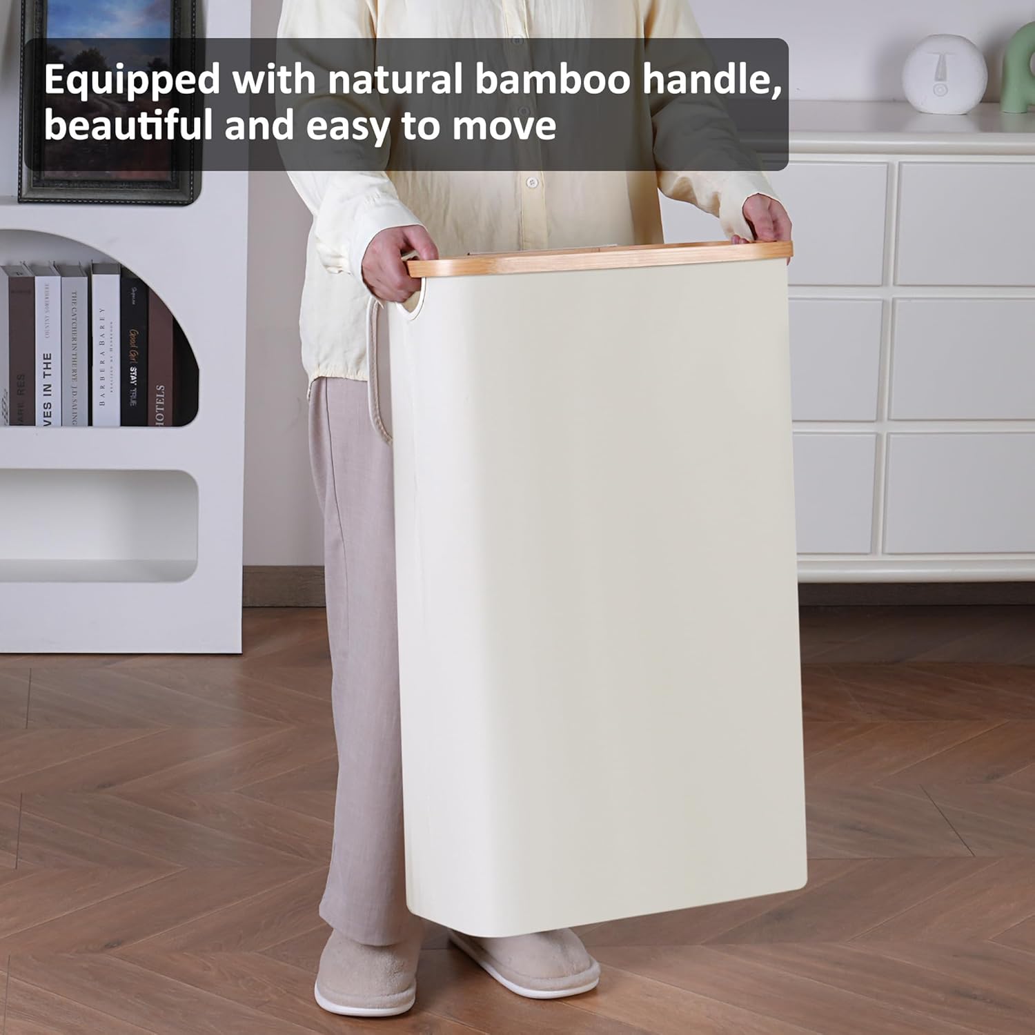 Slim Laundry Hamper,Narrow laundry Hamper with Lid,60L Hamper for Laundry,Dirty Cloth Hamper with Bamboo Handle for Toys,Towels, Clothes Organizing,Beige