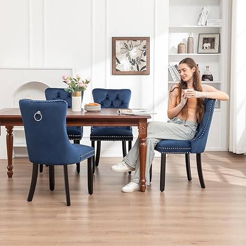 Miniatura 8 de Juego de 4 sillas de comedor de terciopelo, sillas de comedor tapizadas con ribete de anillo y botón trasero, asientos modernos para cocina, comedor