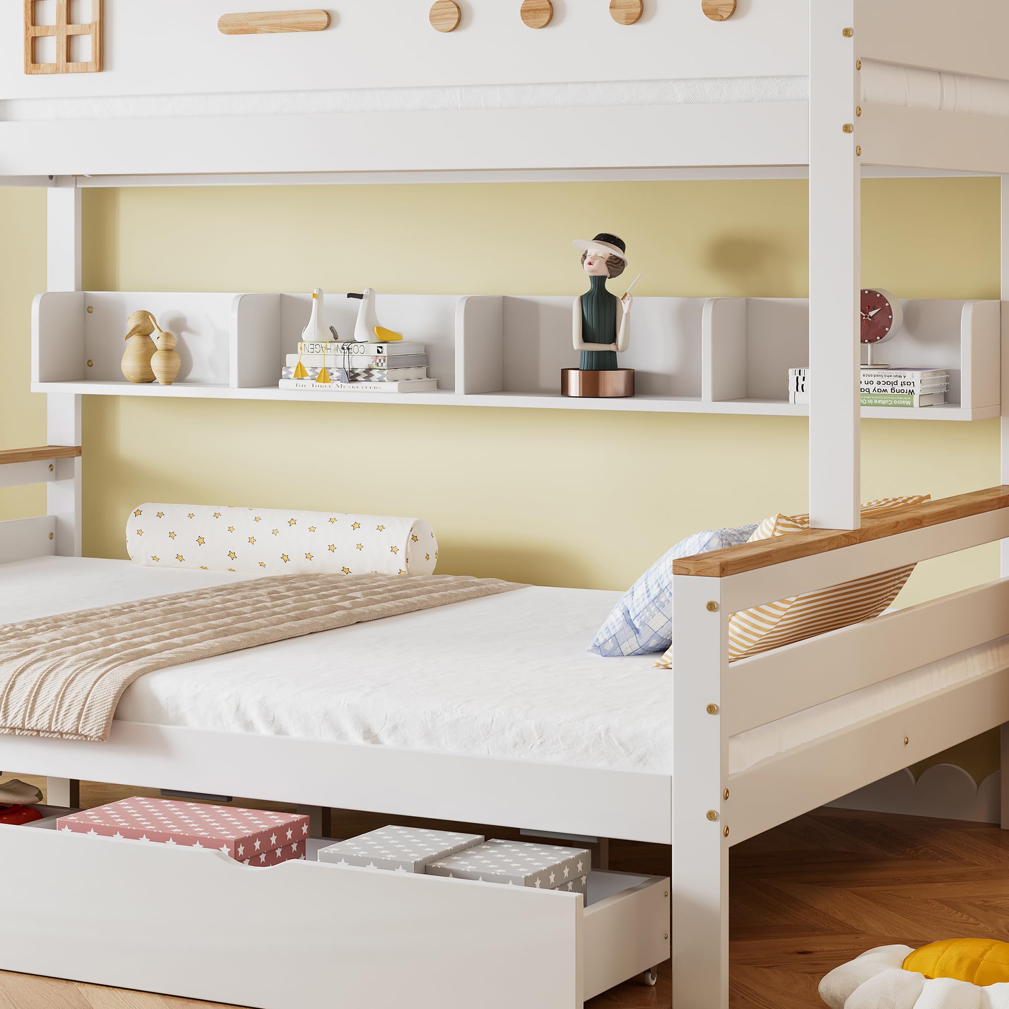Merax Lit superposé, 90 x 200 cm et 140 x 200 cm, pour 2 à 3 enfants, mezzanine, avec échelle, 2 tiroirs et étagère de rangement, en bois, superposé, avec protection anti-chute, blanc et naturel, sans