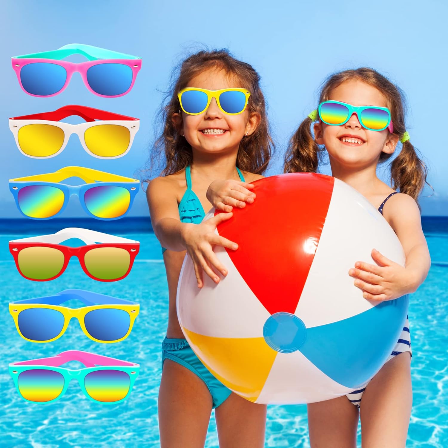 48 Pieces Summer Sunglasses Beach Balls Bulk Party Favors for Kids 24Pack Neon Sunglasses 24Pack Beach Balls Kid Boys Girls Graduation Party Supplies for Beach Day Pool Party Favors Goodie Bag Favors