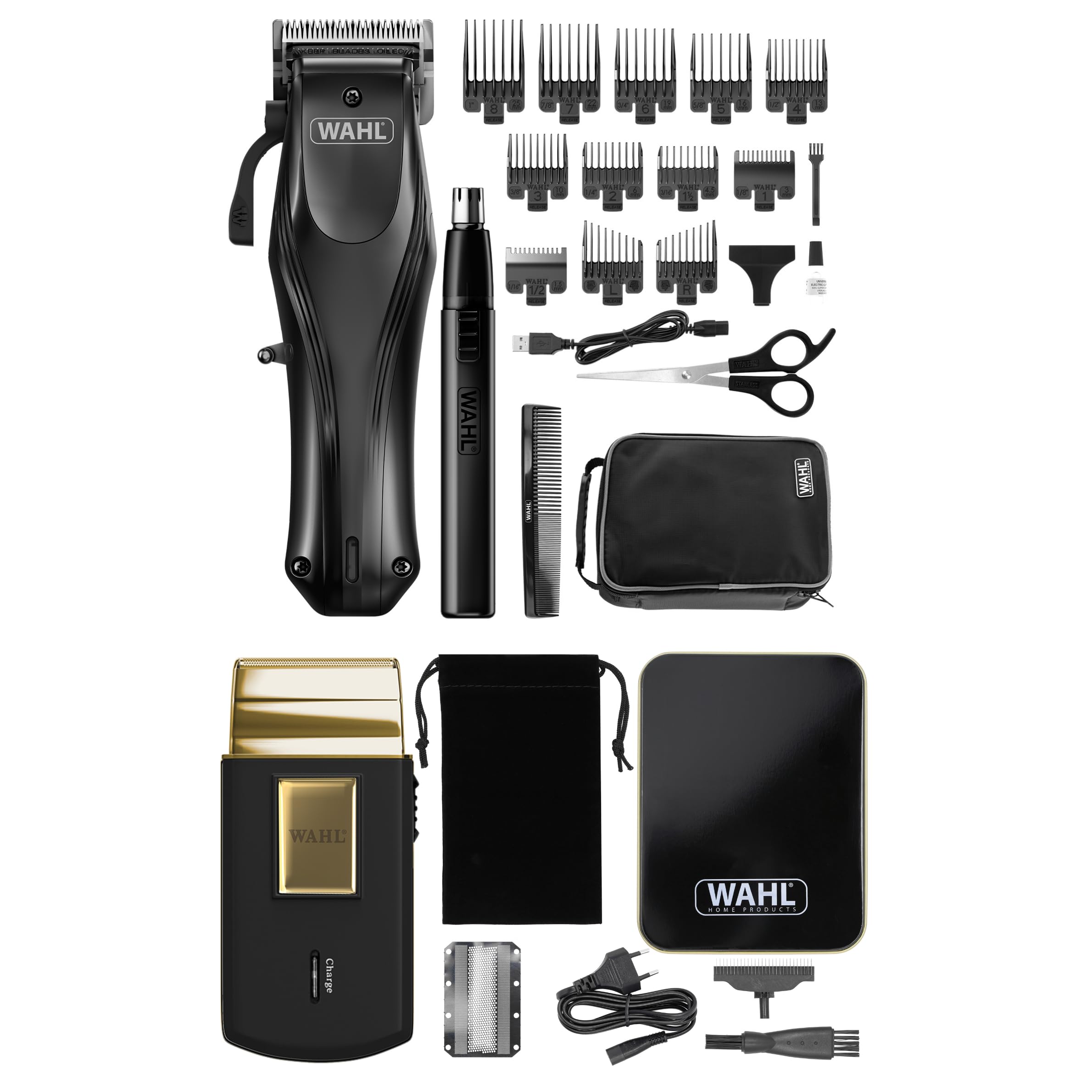Wahl Rapid Clip Cortapelos para Hombre con Cortapelos para Orejas y Nariz + Travel Shaver Gold Edition - Cortapelos Inalámbrico Recargable por USB con Batería de Litio y Afeitadora de Viaje para Pelo