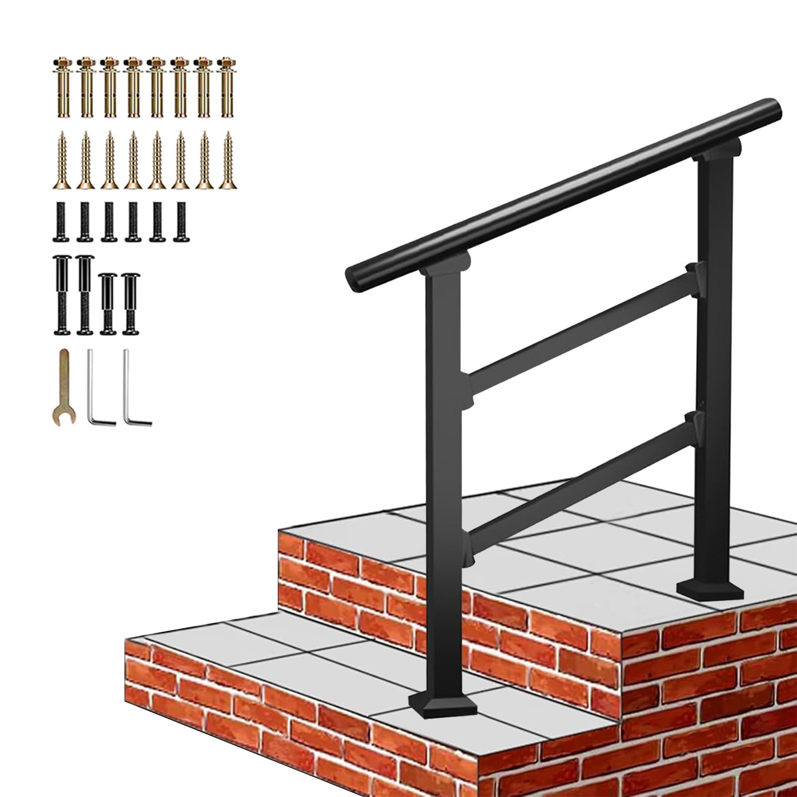 Jksyff A Handrail Outdoor Stairs, Transitional Hand Rails For Concrete Or Wooden Steps, Fits 1 Or 2 Steps, Djustable Guardrail Galvanized Steel Handrail For House Entrance Porch(,120Cm/47Inch)