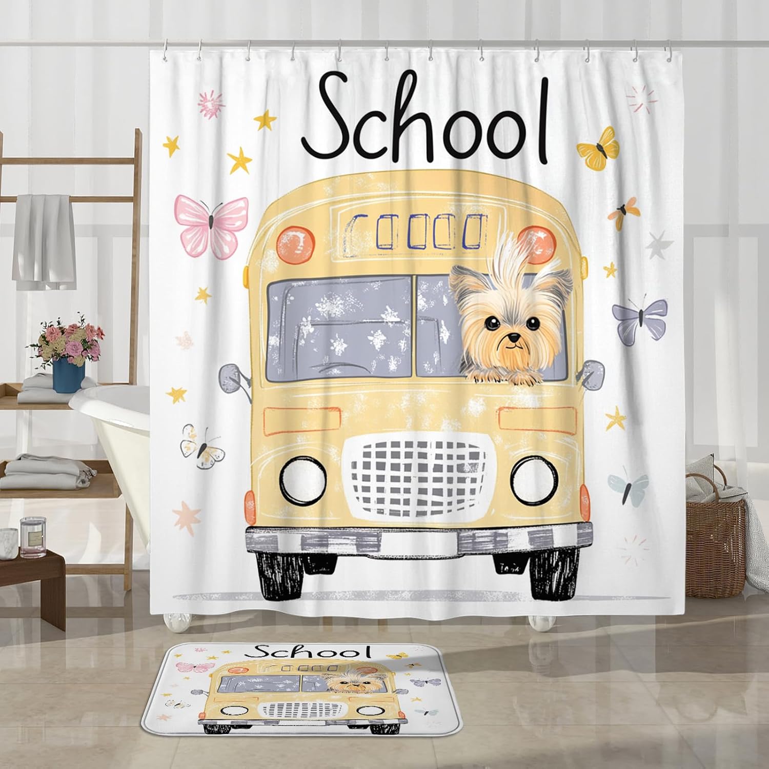 4PCS Cartoon Yorkie Dog Bathroom Accessory Sets with Non-Slip Rug, U Shape and Toilet Lid Cover Mat, Kid School Bus Bathroom Fabric Decor-72''x72''