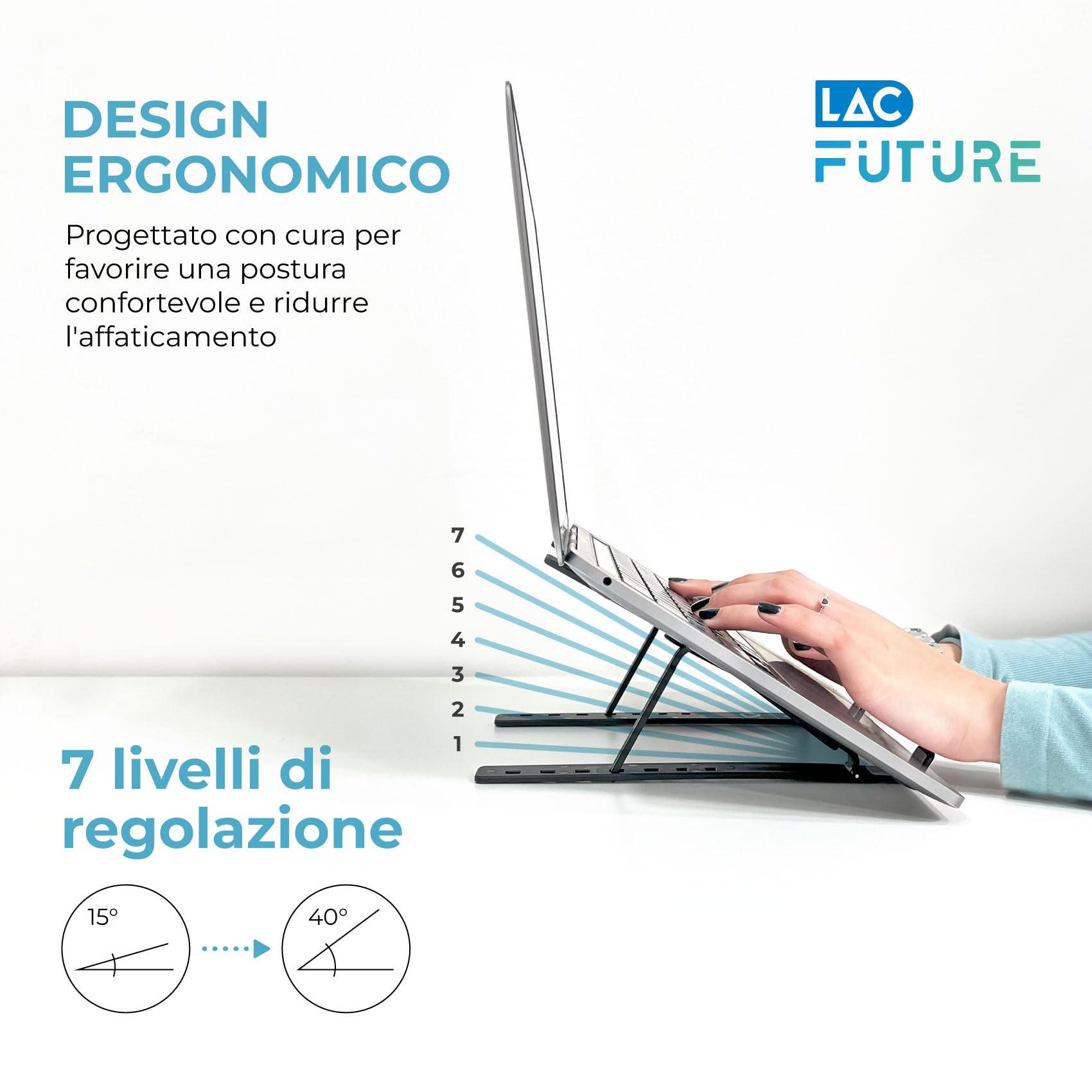 LAC FUTURE Supporto PC Portatile in Alluminio - Rialzo PC Portatile per Scrivania Ufficio Pieghevole e Regolabile 7 Livelli - Laptop Stand Computer e Tablet 10-15,6'' - Nero