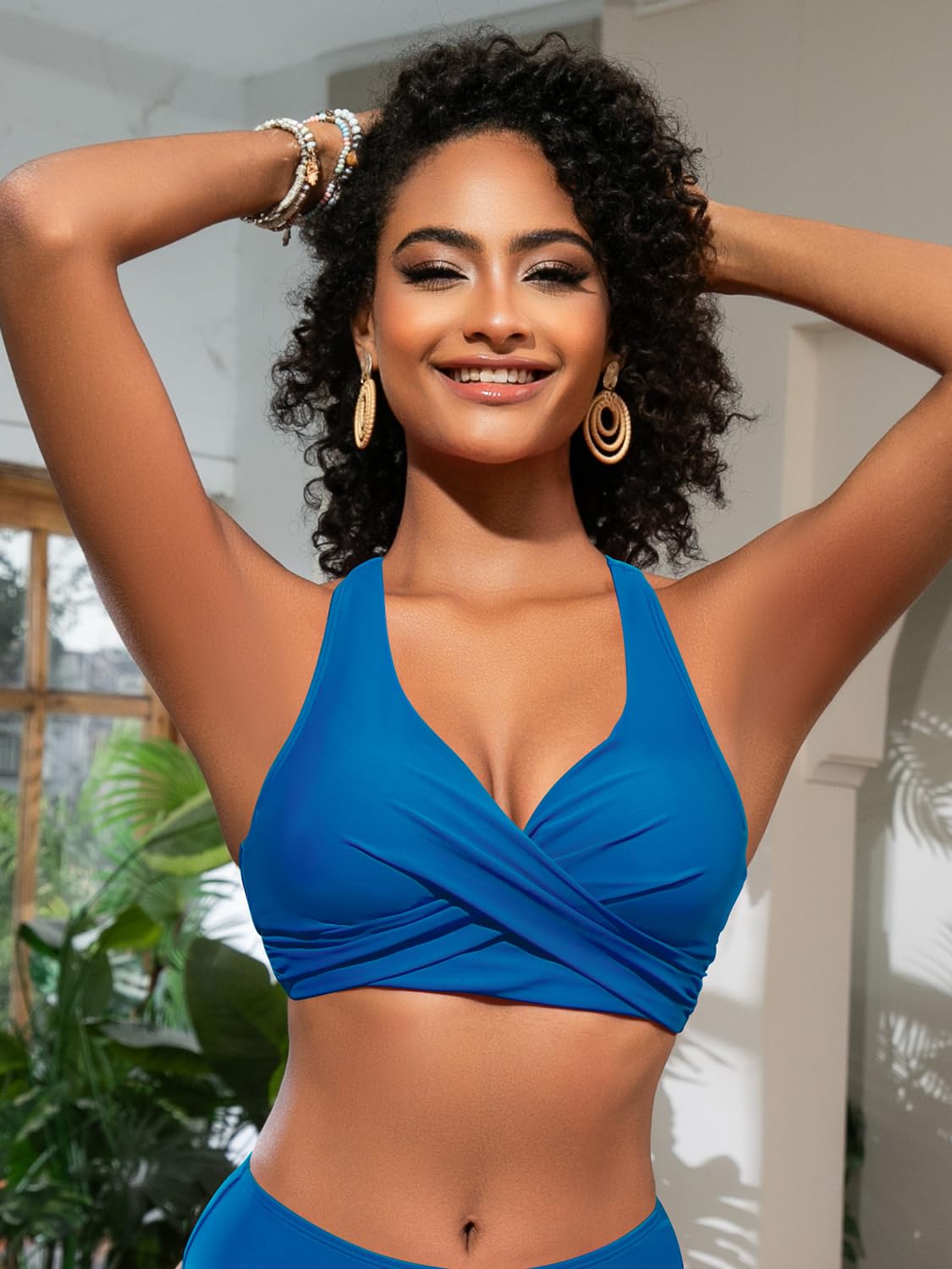 SHEKINI Top Bikini da Donna con Pieghe Incrociate Aperto sul Retro Push Up Regolabile con Scollo a V Abbigliamento da Spiaggia