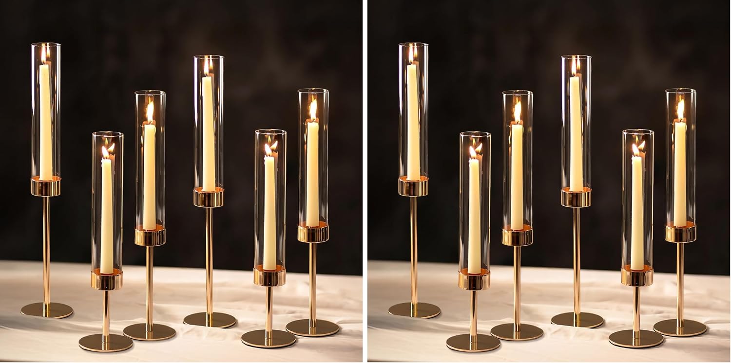 NUPTIO Hurricane Candle Holder for Candlestick: 6 Pcs Gold Taper Candlestick Holders - Tall Modern Candles Stick Decor with Cylinder Shape Cover for Dinner Table Centerpiece (Pack of 2)