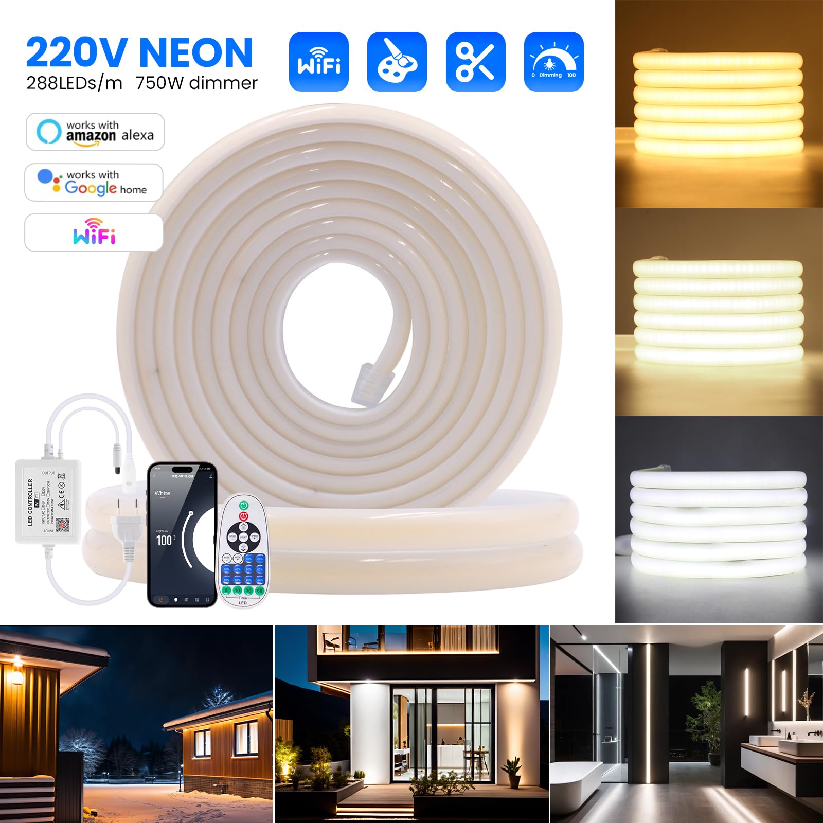 KISUFU Striscia 220v COB 288 Led/m, colla bifacciale impermeabile IP65 Striscia luminosa al neon Striscia luminosa a LED con Wifi Musica 23 tasti IR 750w Dimmer per la decorazione interna esterna