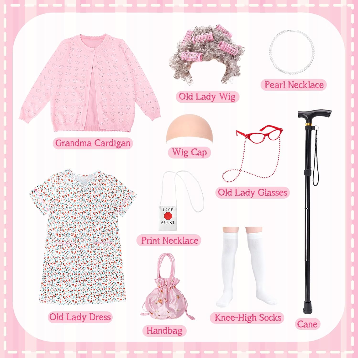 11 Pcs Old Lady Costume for Kids,100 Days of School Costume Girls,Granny Grandma Costumes Kids Accessories