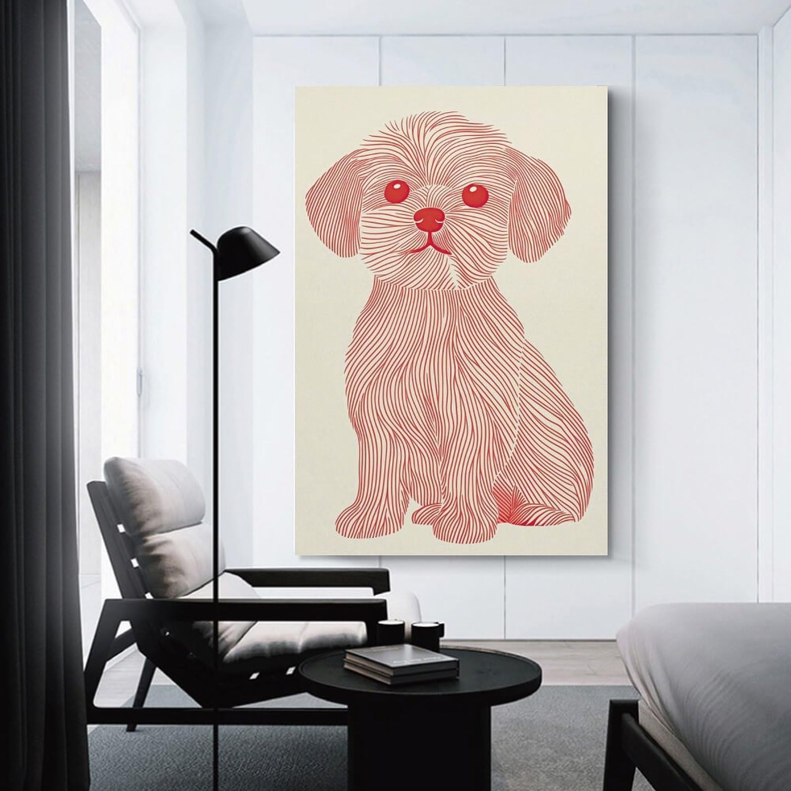 Junmoney Canvas Wall Art Red Line Dog Illustration, 20x30inch(50x75cm), for Corridors, Hallways Or Apartment Entries, Decorative Canvas Styling for Entry Areas