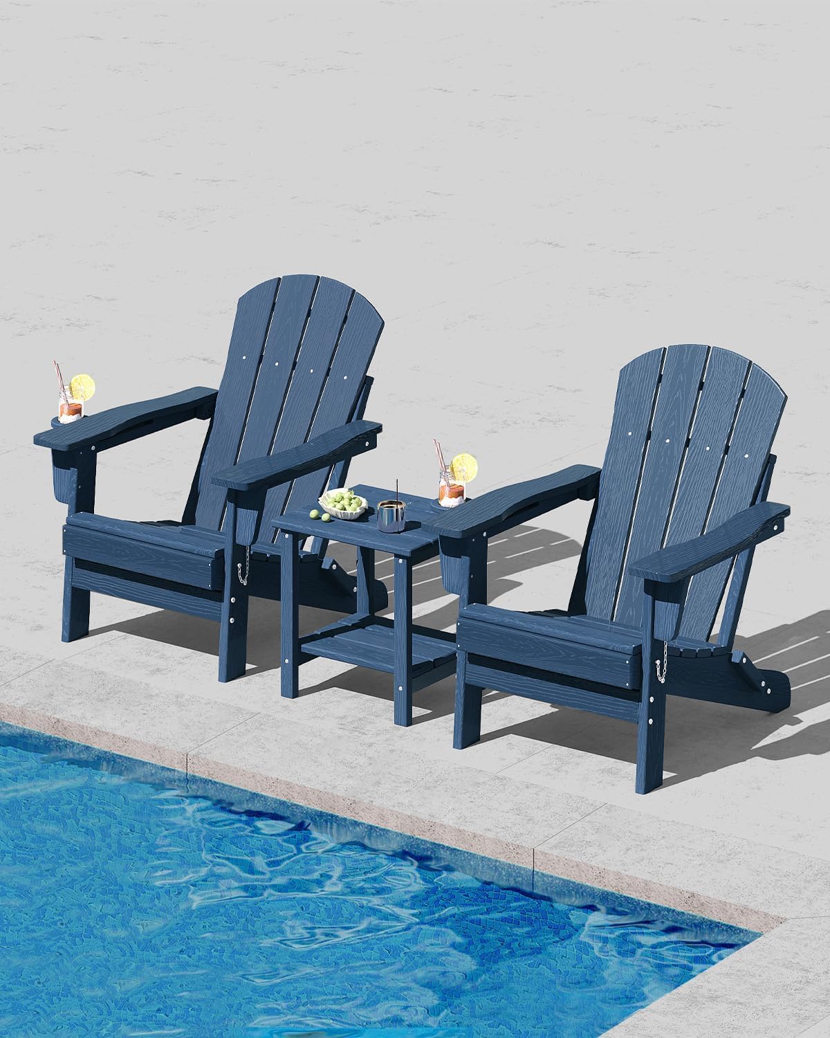 Garvee Folding Adirondack Chairs Patio Chairs, All-Weather HDPE Lawn Chairs, Outdoor Chair with Wooden Texture ＆ Cup Holder for Patios Decks Gardens fire pits, Navy Blue