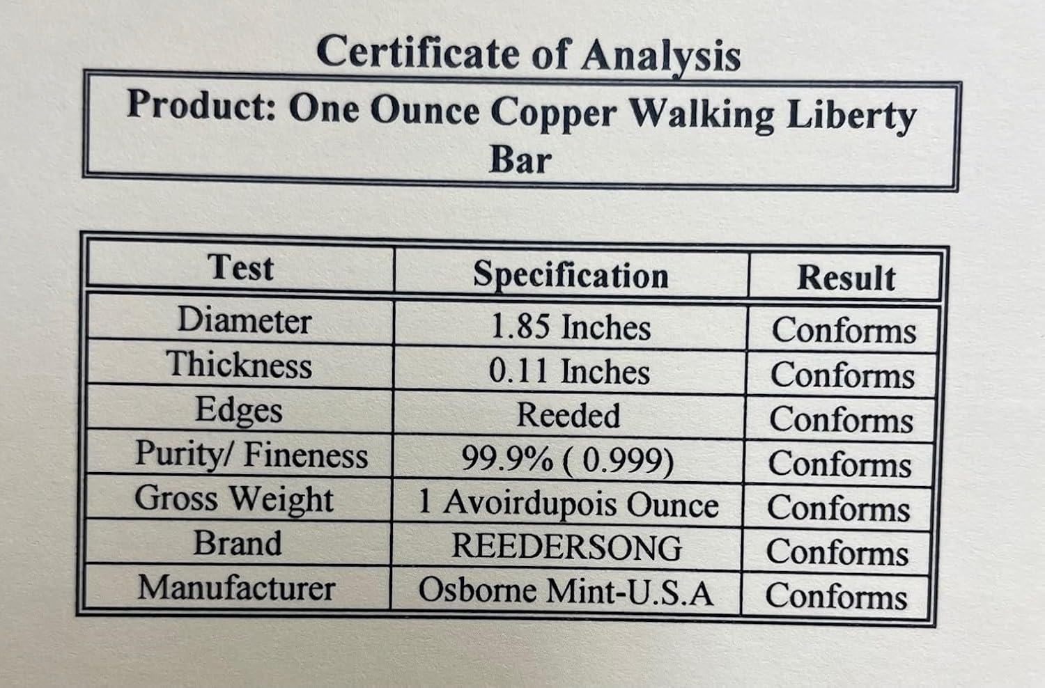 Walking Liberty One Ounce Copper Bar with C.O.A. by REEDERSONG