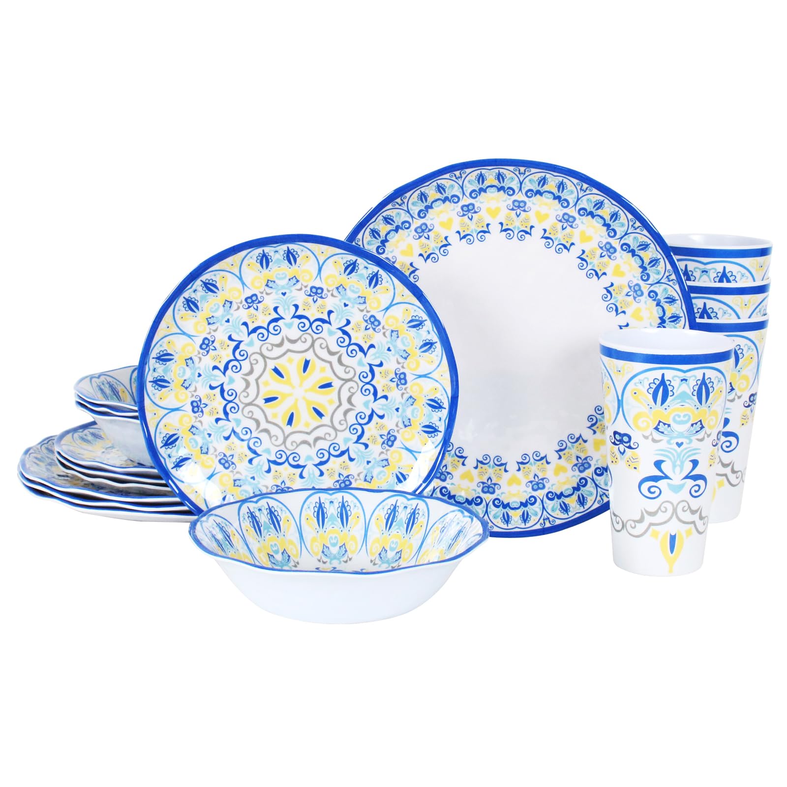 DAPOTO Melamine Dinnerware Set for 4-16 Pcs:Camping Dishes Set with Dinner Plates,Salad Plates, Bowls and Cups.Lightweight and Unbreakable.Indoor and Outdoor Use.