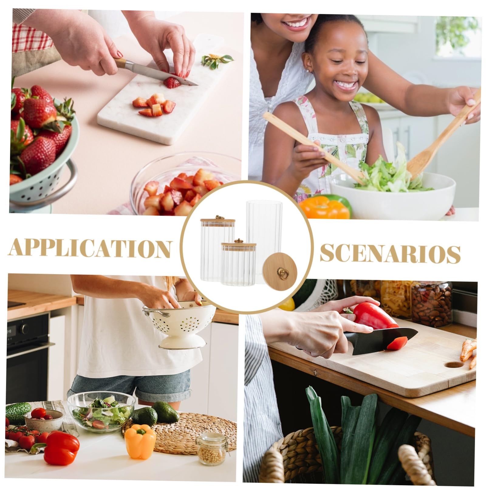 Set da 3 Contenitori con Coperchio per Alimenti in Vetro con Coperchio in Bambù, Capacità 550ml, 850ml e 1150ml, per Cucina con Tenuta e Facili da Pulire