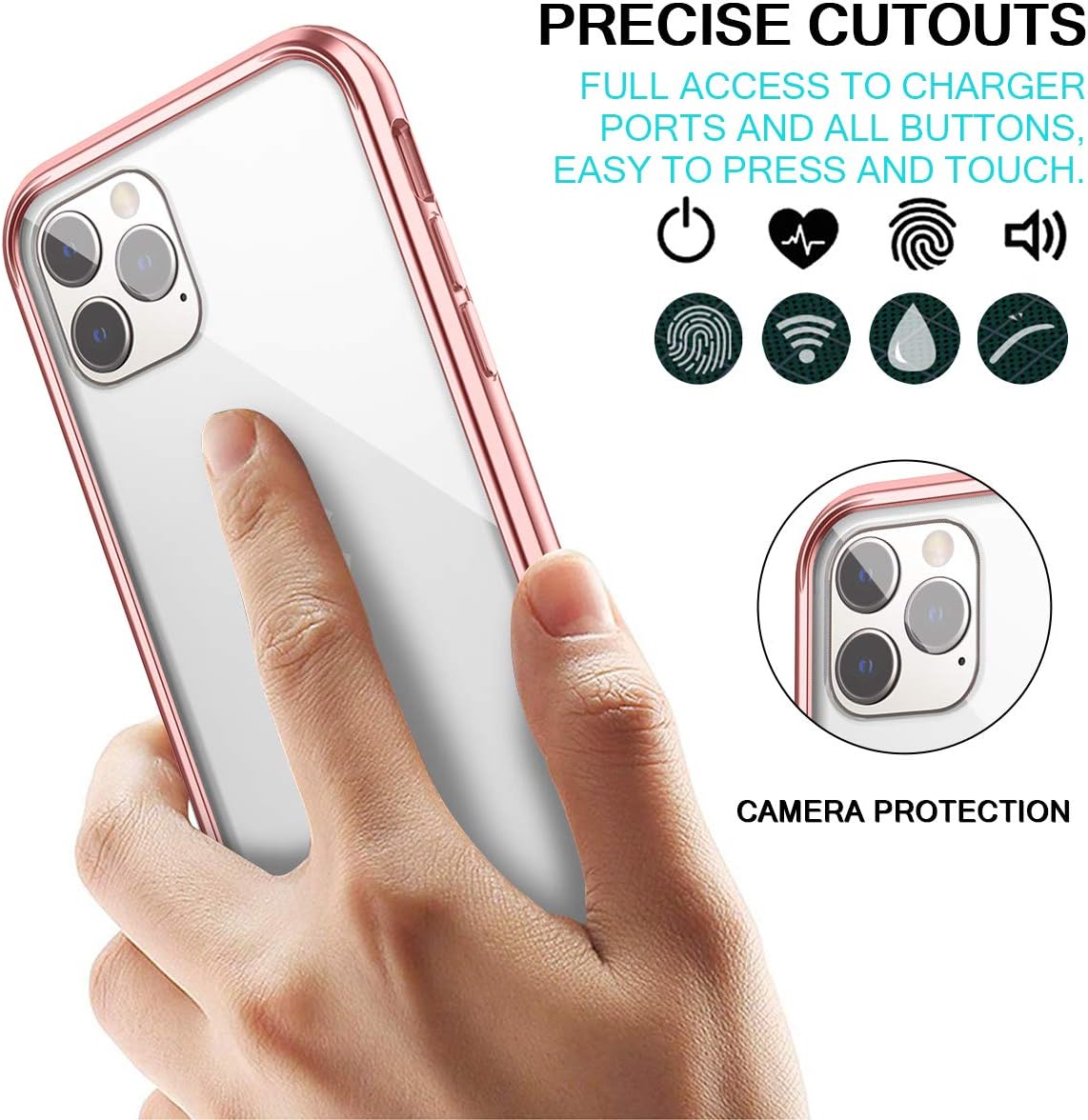 SURITCH Clear Case for iPhone 11 Pro, [Built in Screen Protector][Tempered Glass Back][Metallic Electroplated] Shockproof Full Body Protection Silicone Bumper Cover for iPhone 11 Pro 5.8"(Rose Gold)