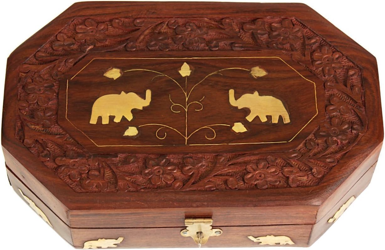 IndiaBigShop Handmade Wooden Trinket Jewelry Storage Box Keepsake Organizer Box with 2 Elephant Inlay Design 8 X 5 Inch