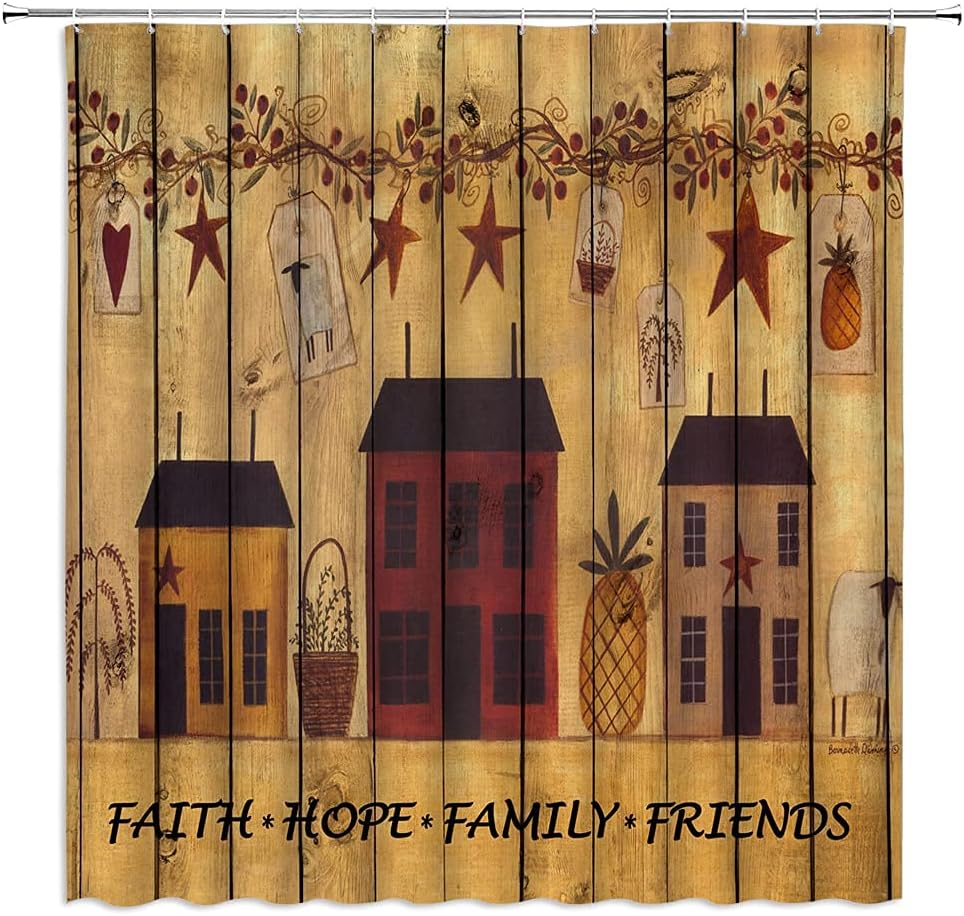 Primitive Rustic Shower Curtain Vintage Farmhouse Birdhouse Hope Faith Family Rusty Star Country Shabby Wooden Board Barn Door Twigs Pip Berry Farm Retro Bathroom Decor with Hooks,Brown