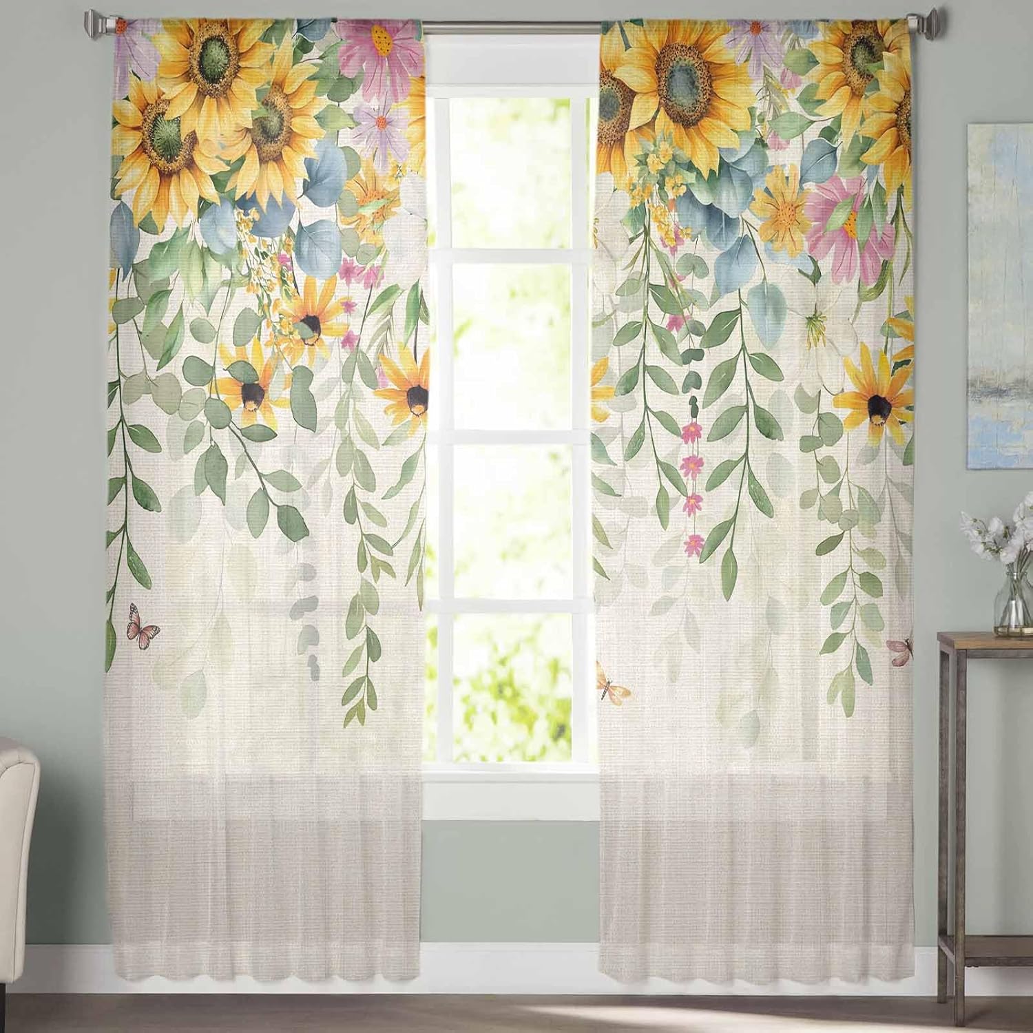 Sunflower Sheer Curtains 84 Inches Long, Plants Eucalyptus Leaf Flowers Window Treatment Panels Light Filtering Rod Pocke Curtain Voile Drapes for Bedroom/Living Room Each 52" W x 84" L
