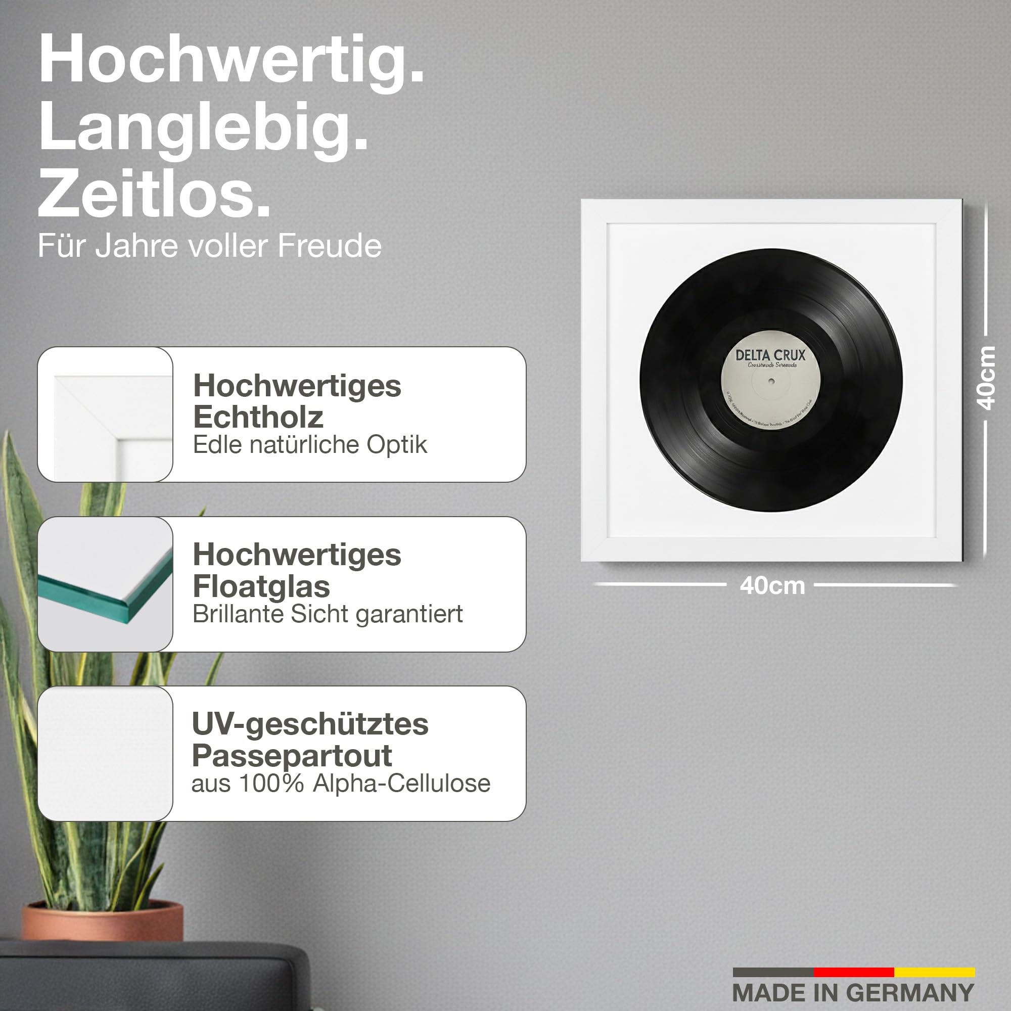 Marco para discos de vinilo Blanco 40x40cm paspartú blanco Made in Germany marco vinilo madera auténtica para el disco protección UV 100% alfa celulosa calidad museo diseño minimal pared