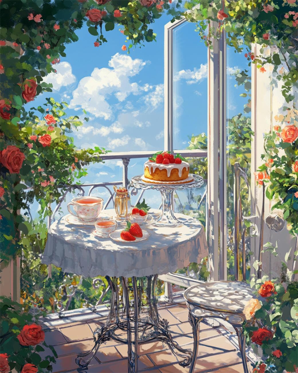 RKFLGEW DIY Bead Embroidery Kit Afternoon Tea Time On The Balcony 30x40cm