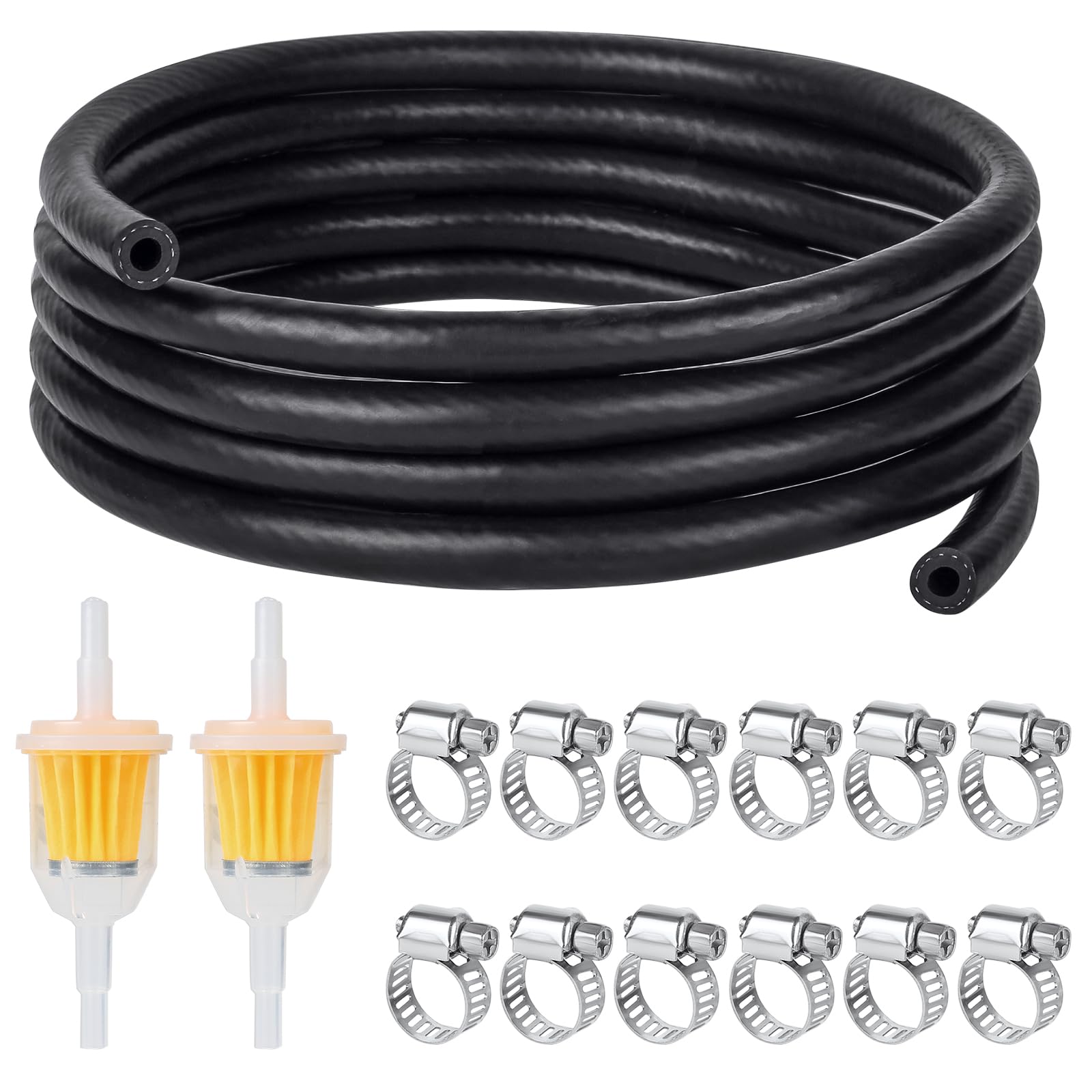 Furuising 3 Meter Benzinschlauch 6mm, Kraftstoffschlauch Kit, Ölschlauch Dieselschlauch Kraftstoffleitung mit 12 Stück Schlauchschellen und 2 Stück Benzinfilter für Rasenmäher, Auto, Motorrad, Roller