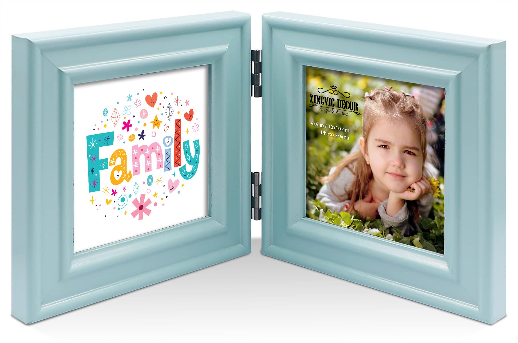 ZingVic Double 4x4 Wood Photo Frame Instagram, Hinged Picture Frames, with Glass Front, Fit for Stands Vertically on Desk Table Top or Wall Hanging (Window 3.5 x 3.5 Picture, Turquoise Blue Color)