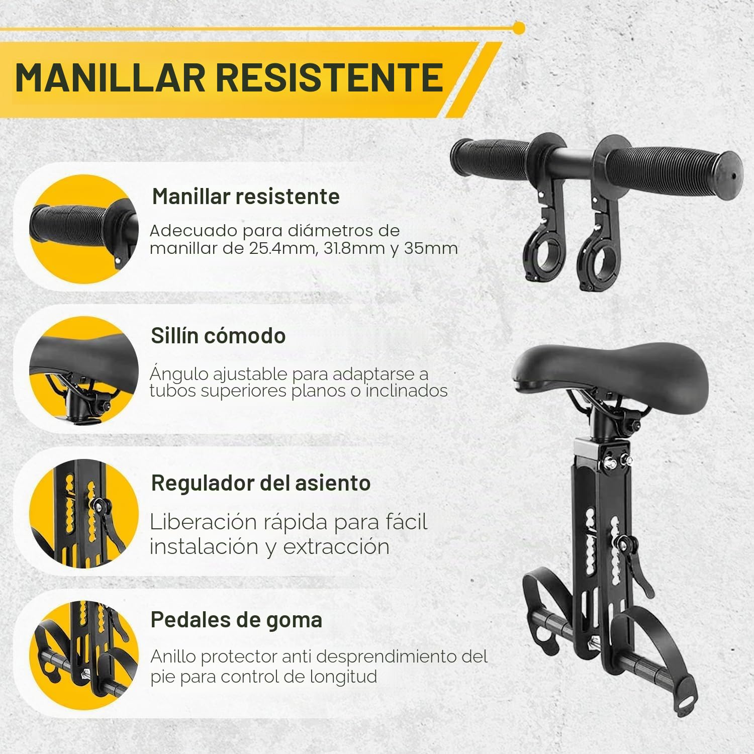 Asiento de Bicicleta Delantero para Niño, Sillita Bicicleta Niños Delantera con Reposabrazos y Pedal Delantero Bicicletas Niño Silla para Niños de 2 a 6 Años, hasta 60 Libras