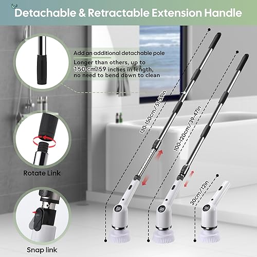 Miniatura 4 de Limpiador eléctrico giratorio, 2024 nuevo limpiador de ducha inalámbrico con 8 cabezales de cepillo reemplazables y mango de extensión ajustable de